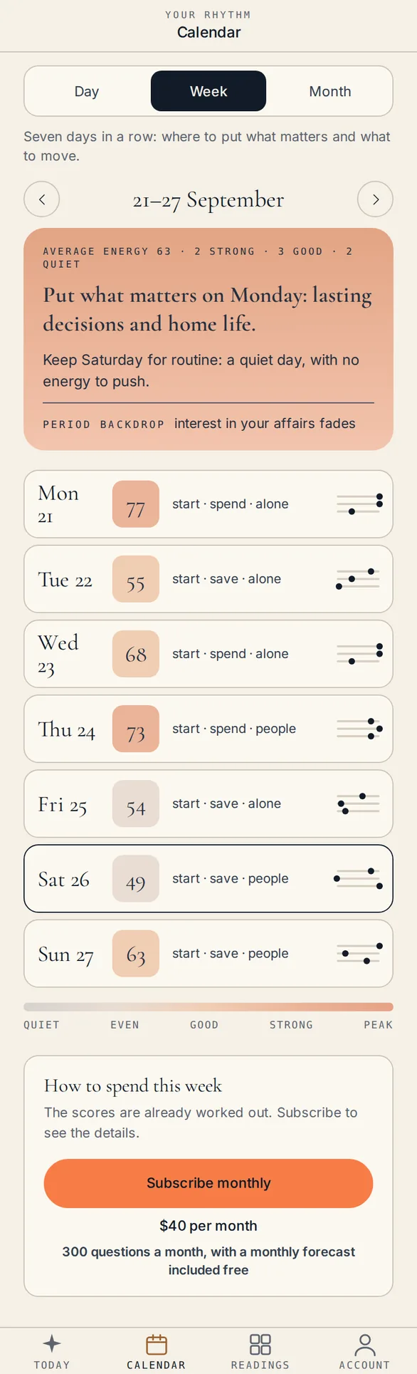 Calendar: the week — a card for the best day and seven days on one scale, three words each